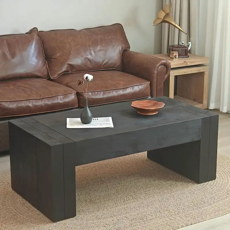 Table basse rectangulaire rustique en bois massif noir et bois