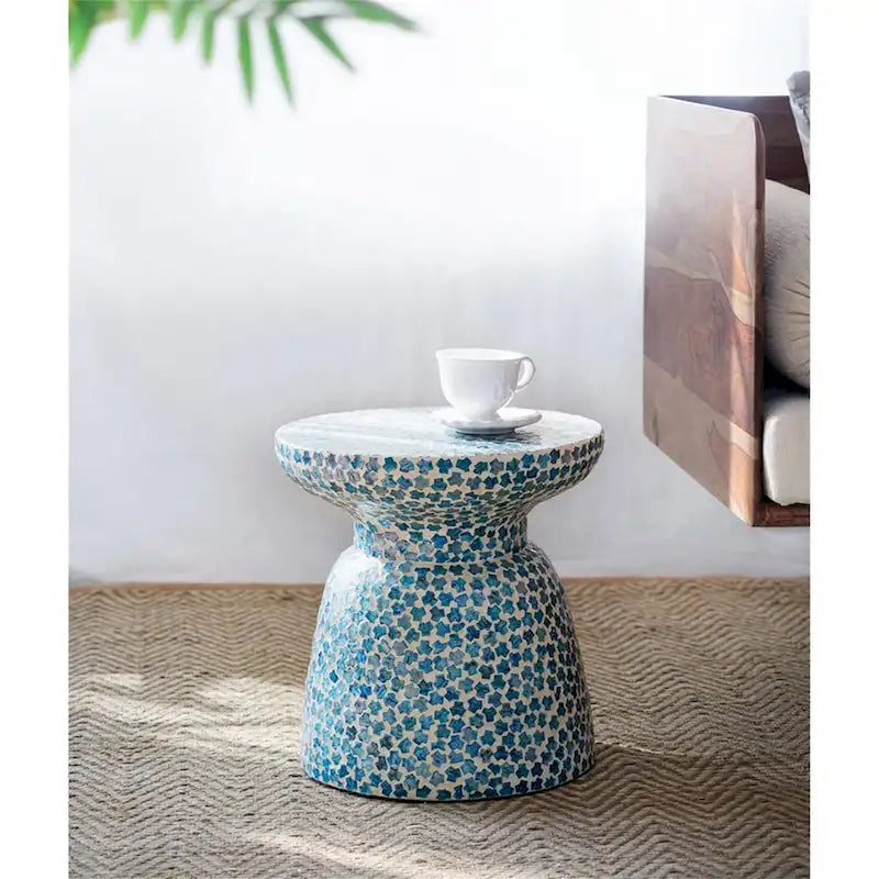 Tabouret / Table d'appoint Capiz Mosaïque Bleu Perle et Blanc, 1 personne