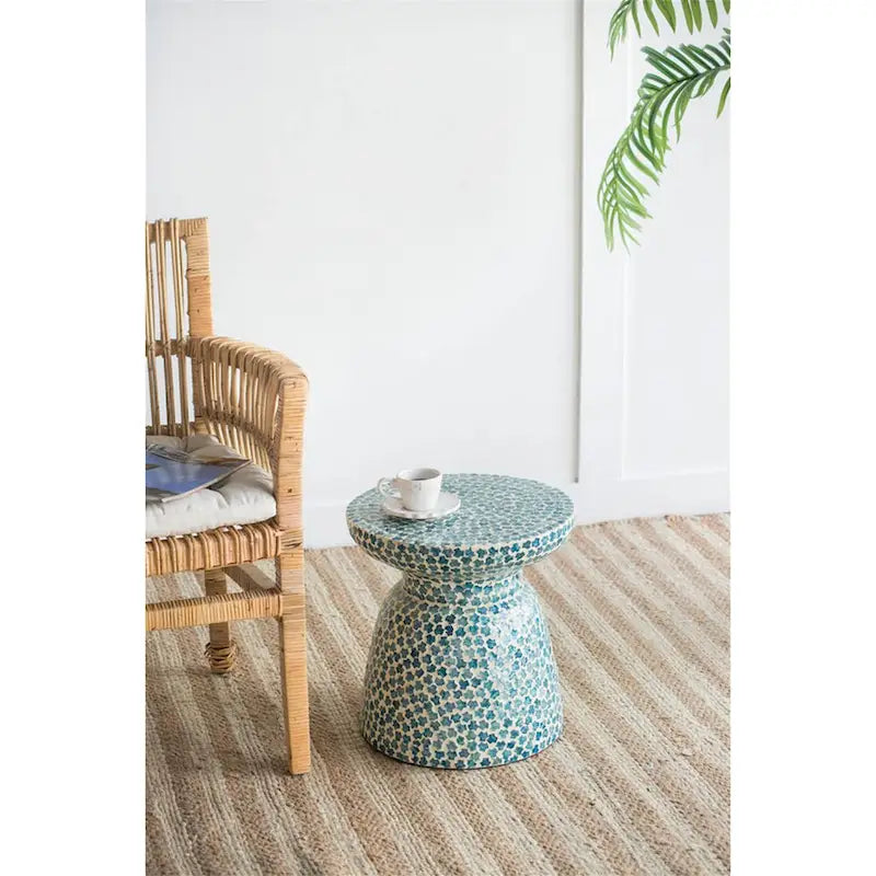 Tabouret / Table d'appoint Capiz Mosaïque Bleu Perle et Blanc, 1 personne