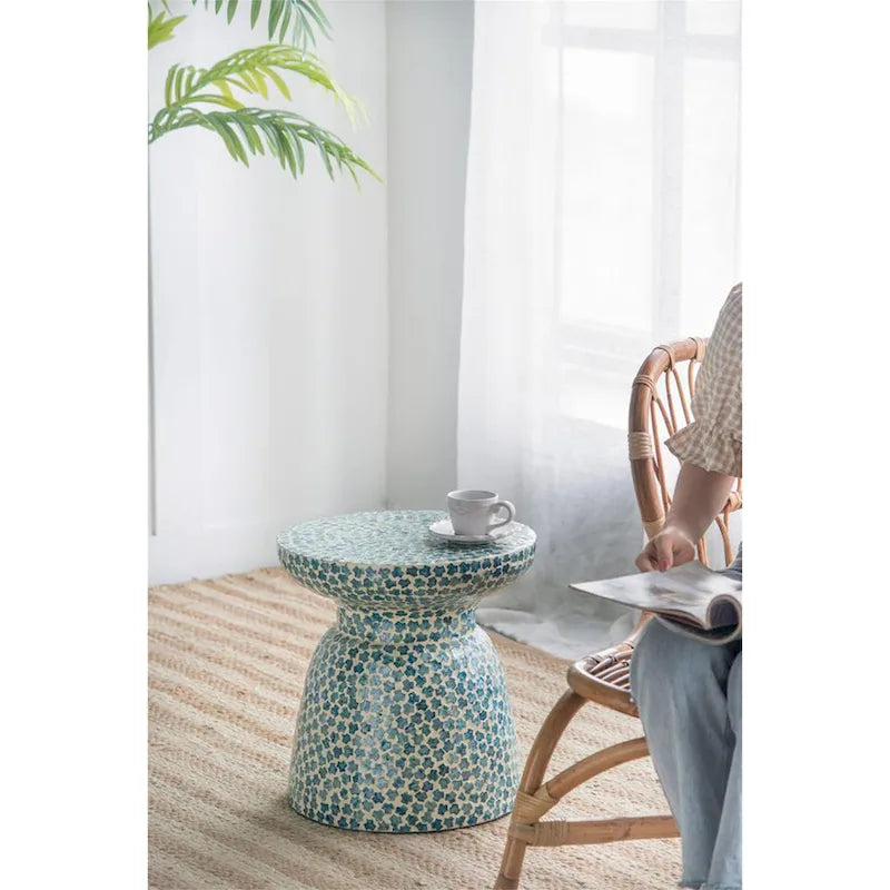 Tabouret / Table d'appoint Capiz Mosaïque Bleu Perle et Blanc, 1 personne