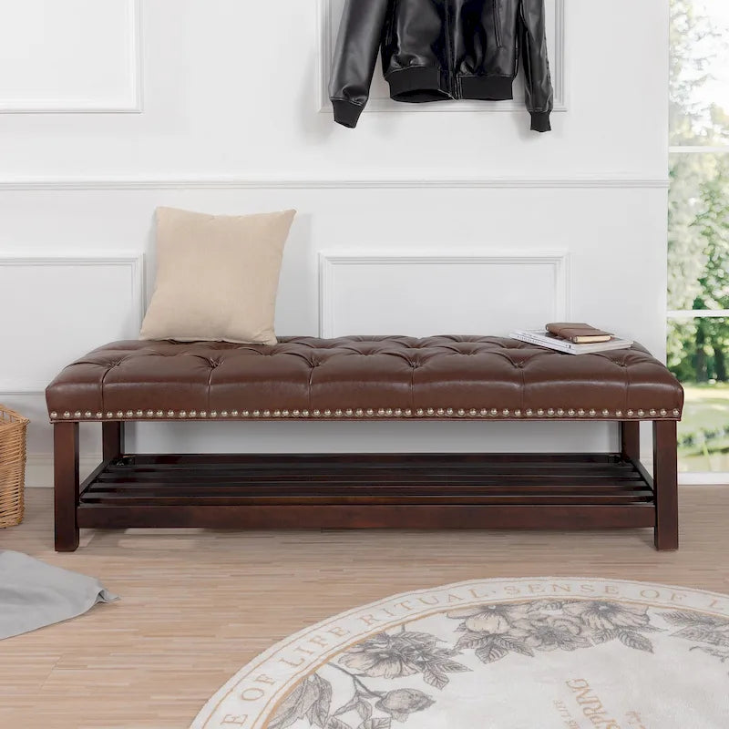 Banc de rangement capitonné avec garniture cloutée et étagère - Marron foncé/noir - 1 personne
