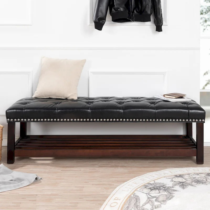 Banc de rangement capitonné avec garniture cloutée et étagère - Marron foncé/noir - 1 personne