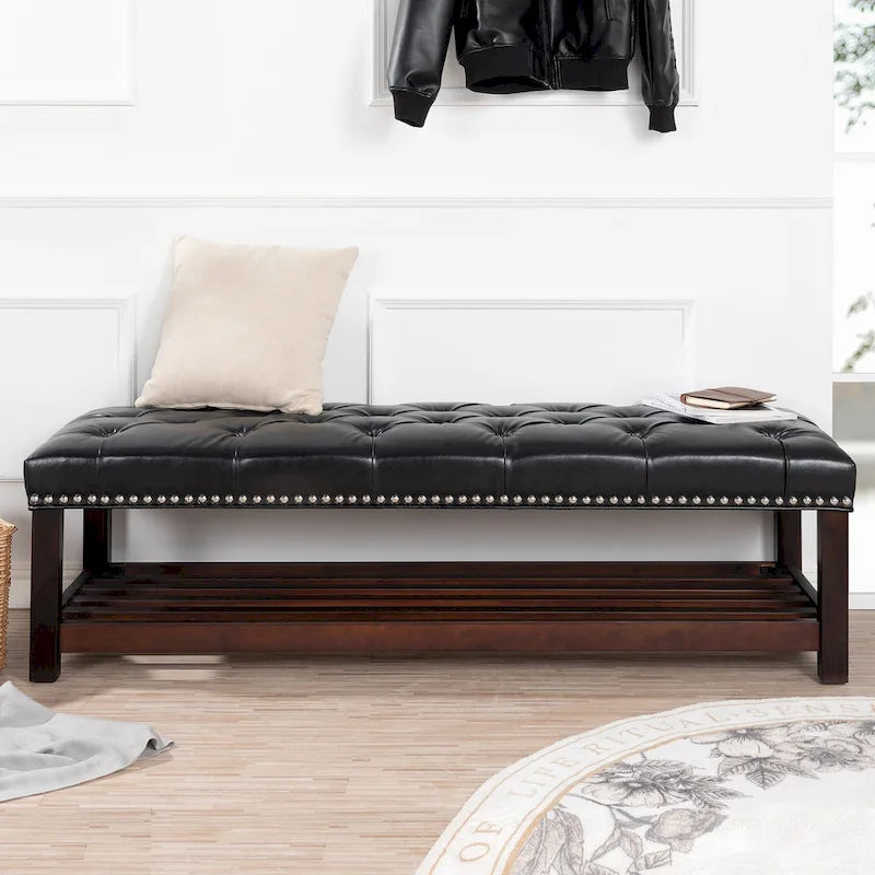 Banc de rangement capitonné avec garniture cloutée et étagère - Marron foncé/noir - 1 personne