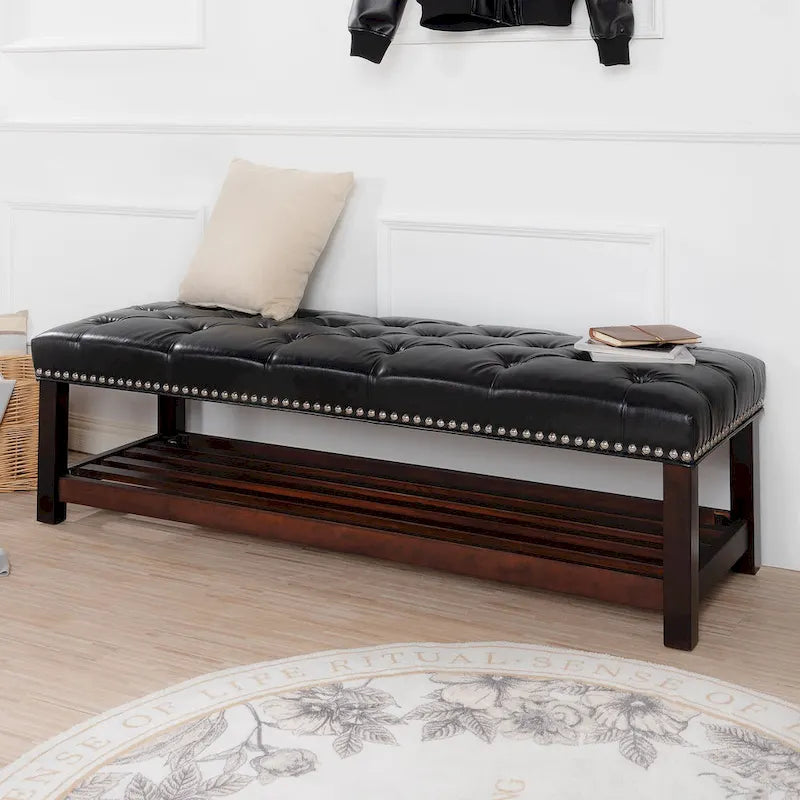 Banc de rangement capitonné avec garniture cloutée et étagère - Marron foncé/noir - 1 personne