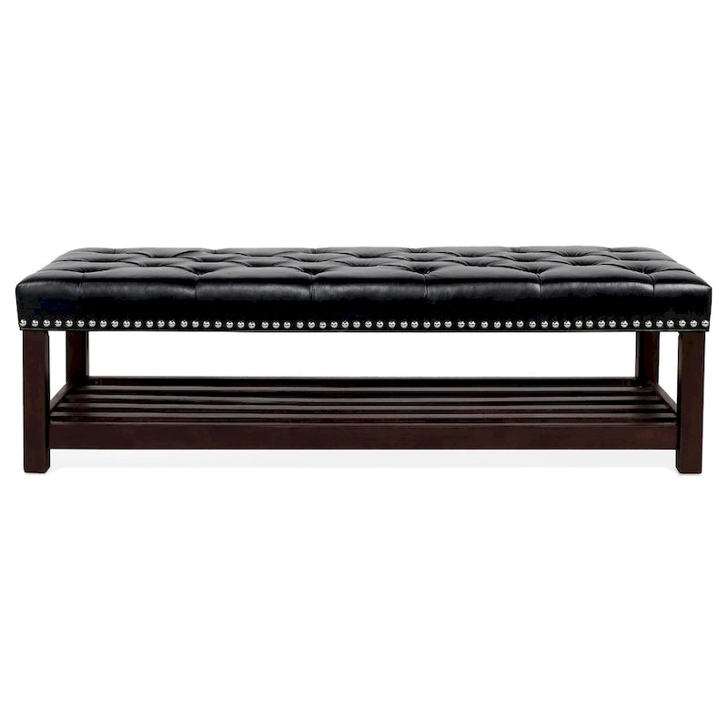 Banc de rangement capitonné avec garniture cloutée et étagère - Marron foncé/noir - 1 personne