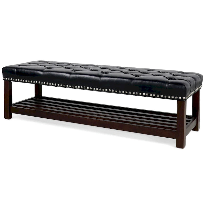 Banc de rangement capitonné avec garniture cloutée et étagère - Marron foncé/noir - 1 personne