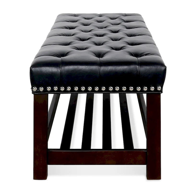 Banc de rangement capitonné avec garniture cloutée et étagère - Marron foncé/noir - 1 personne
