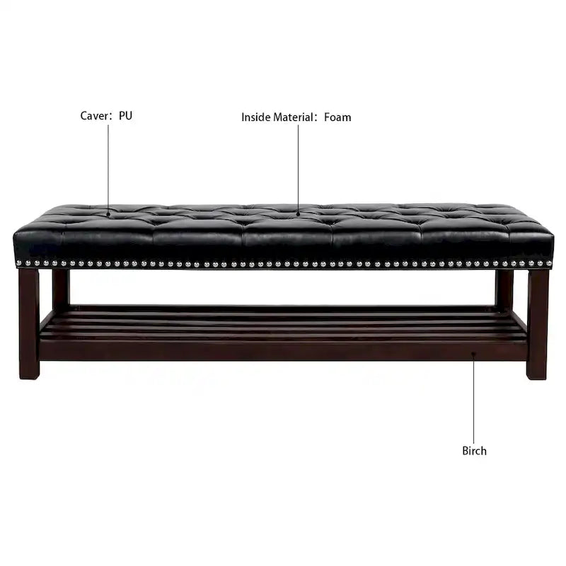 Banc de rangement capitonné avec garniture cloutée et étagère - Marron foncé/noir - 1 personne