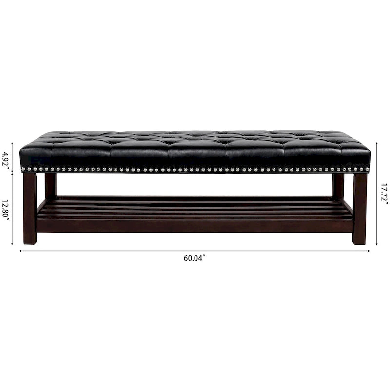 Banc de rangement capitonné avec garniture cloutée et étagère - Marron foncé/noir - 1 personne