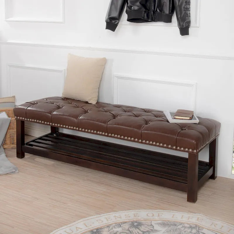 Banc de rangement capitonné avec garniture cloutée et étagère - Marron foncé/noir - 1 personne