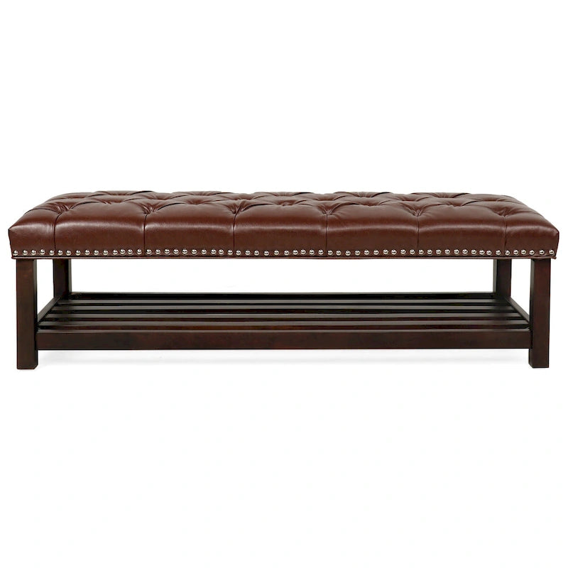 Banc de rangement capitonné avec garniture cloutée et étagère - Marron foncé/noir - 1 personne