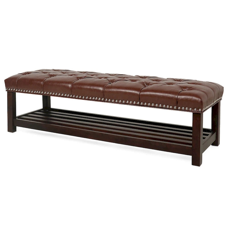 Banc de rangement capitonné avec garniture cloutée et étagère - Marron foncé/noir - 1 personne
