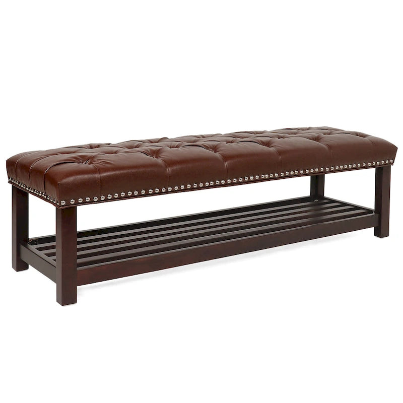 Banc de rangement capitonné avec garniture cloutée et étagère - Marron foncé/noir - 1 personne