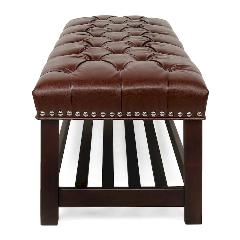 Banc de rangement capitonné avec garniture cloutée et étagère - Marron foncé/noir - 1 personne