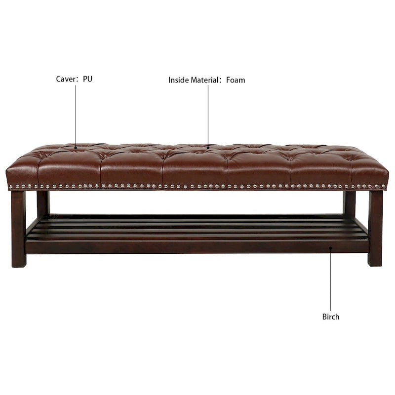 Banc de rangement capitonné avec garniture cloutée et étagère - Marron foncé/noir - 1 personne