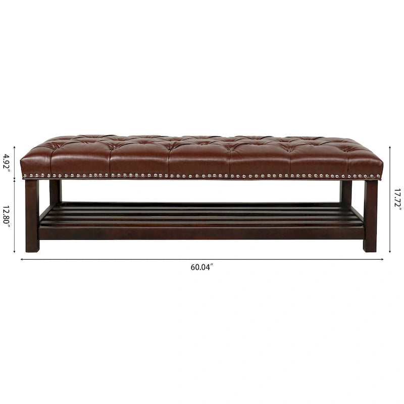 Banc de rangement capitonné avec garniture cloutée et étagère - Marron foncé/noir - 1 personne