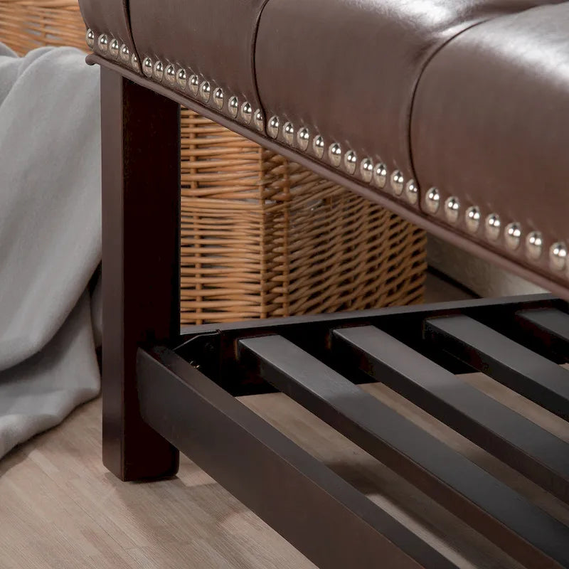 Banc de rangement capitonné avec garniture cloutée et étagère - Marron foncé/noir - 1 personne
