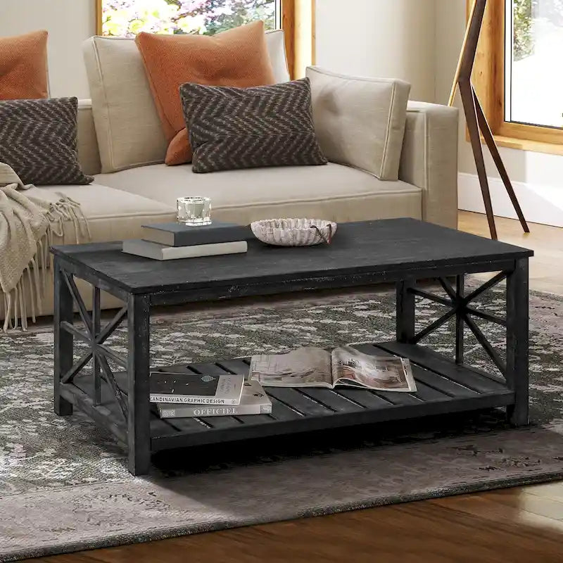 Table basse rustique en bois, Noir/marron antique, Étagère ouverte en X, 2 places