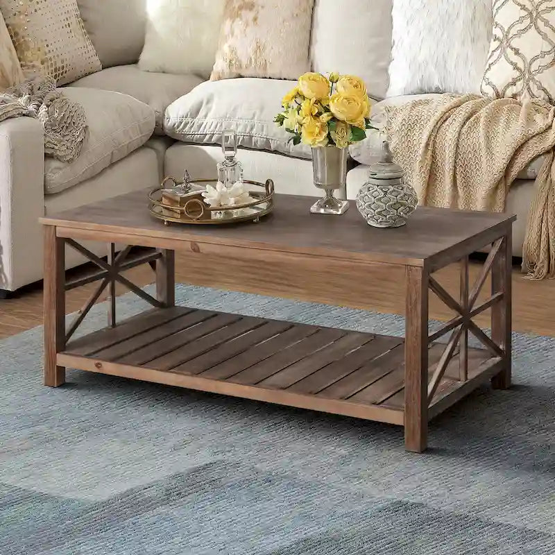 Table basse rustique en bois, Noir/marron antique, Étagère ouverte en X, 2 places