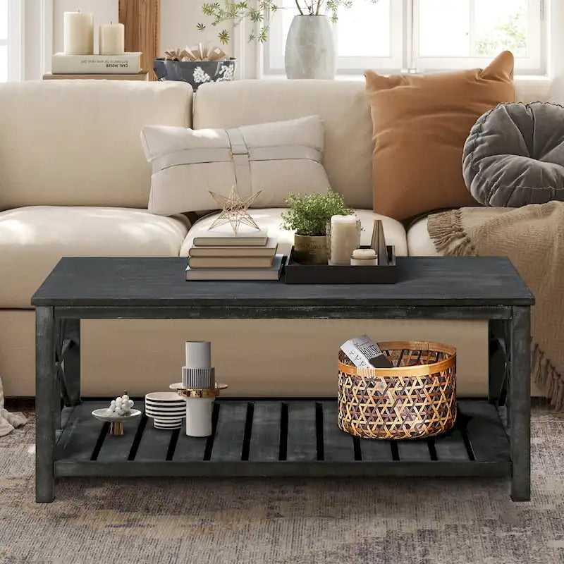 Table basse rustique en bois, Noir/marron antique, Étagère ouverte en X, 2 places