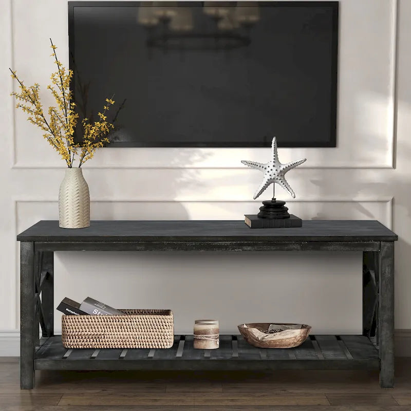 Table basse rustique en bois, Noir/marron antique, Étagère ouverte en X, 2 places