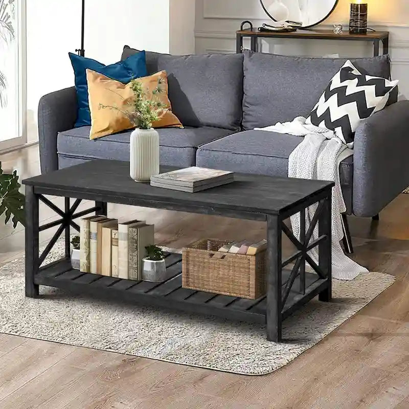 Table basse rustique en bois, Noir/marron antique, Étagère ouverte en X, 2 places