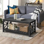 Table basse rustique en bois, Noir/marron antique, Étagère ouverte en X, 2 places
