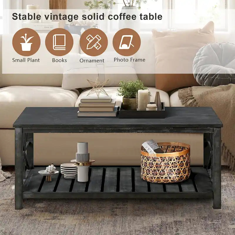 Table basse rustique en bois, Noir/marron antique, Étagère ouverte en X, 2 places