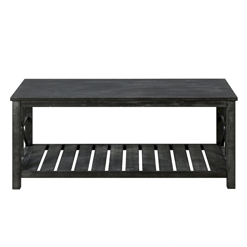 Table basse rustique en bois, Noir/marron antique, Étagère ouverte en X, 2 places