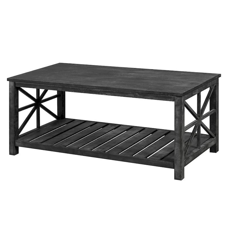Table basse rustique en bois, Noir/marron antique, Étagère ouverte en X, 2 places