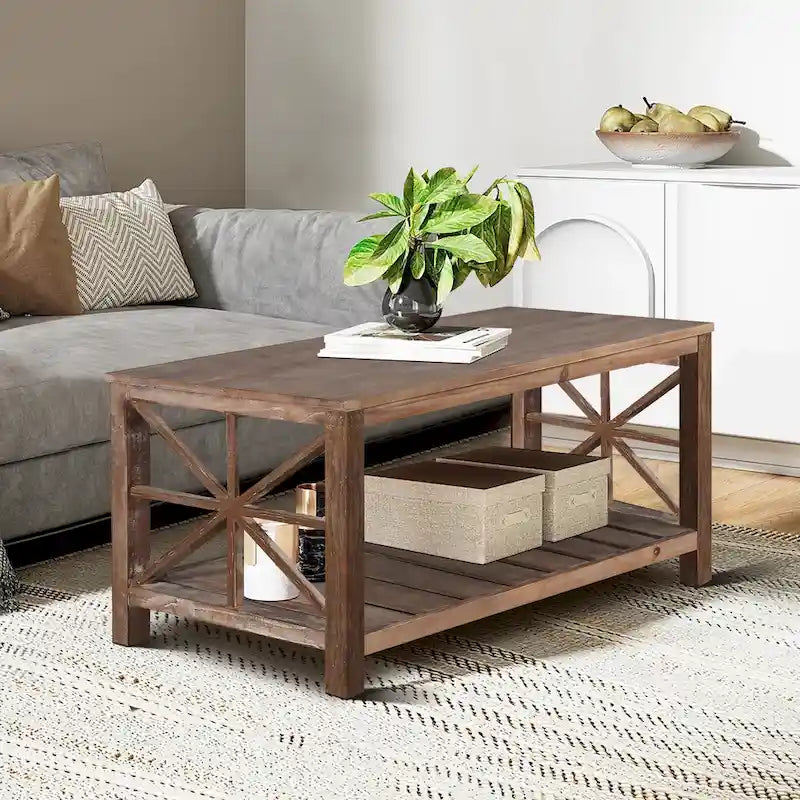Table basse rustique en bois, Noir/marron antique, Étagère ouverte en X, 2 places