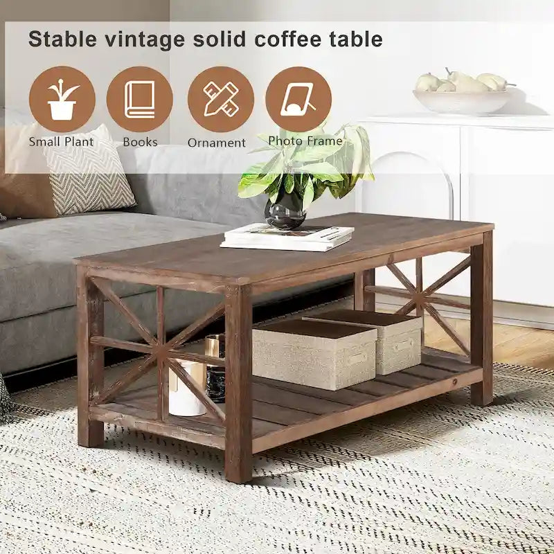 Table basse rustique en bois, Noir/marron antique, Étagère ouverte en X, 2 places