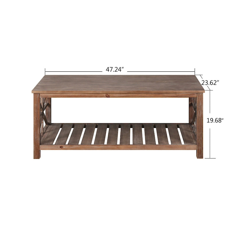 Table basse rustique en bois, Noir/marron antique, Étagère ouverte en X, 2 places