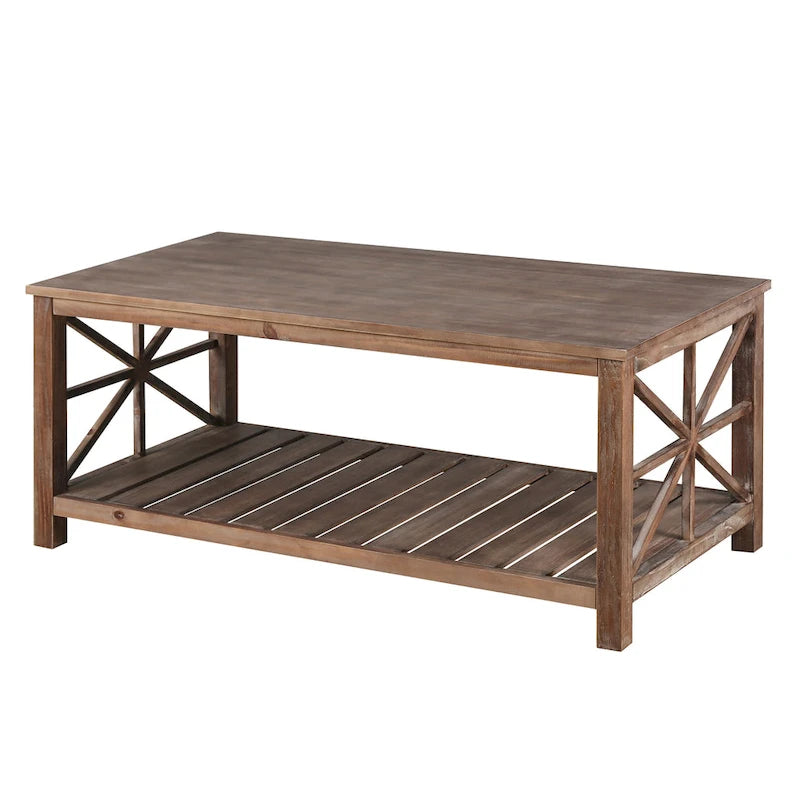 Table basse rustique en bois, Noir/marron antique, Étagère ouverte en X, 2 places