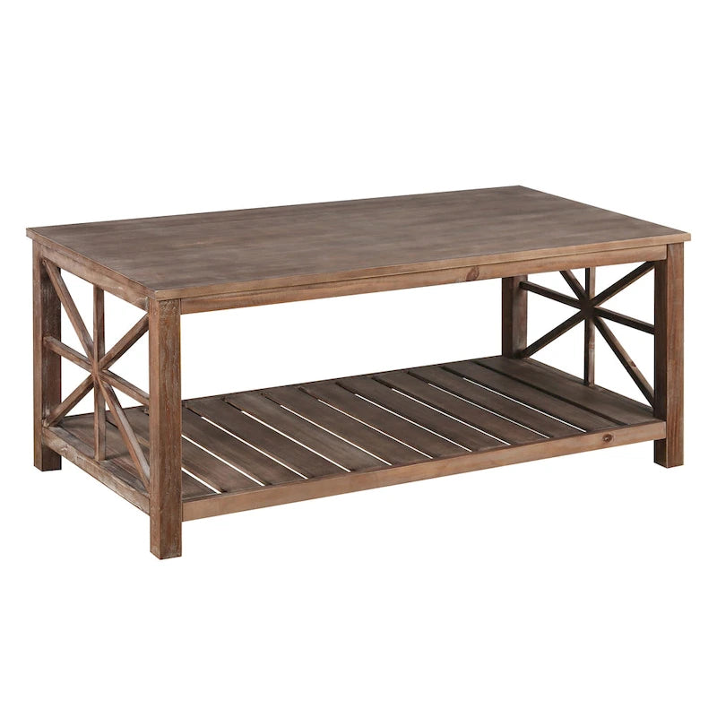 Table basse rustique en bois, Noir/marron antique, Étagère ouverte en X, 2 places