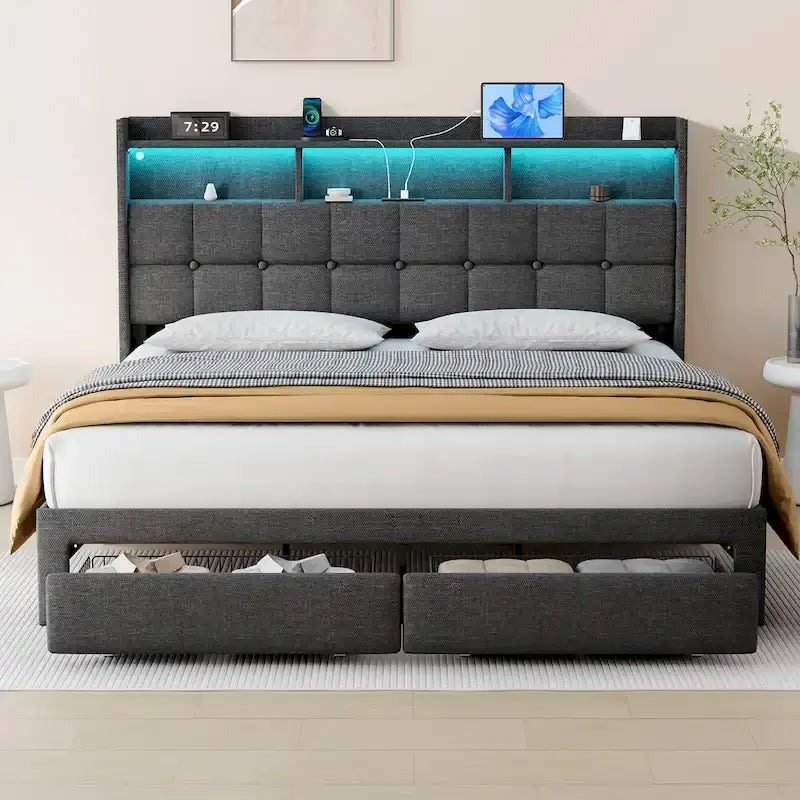 Lit plate-forme King Gris foncé / Gris clair avec tête de lit LED et chargement USB, pour 1