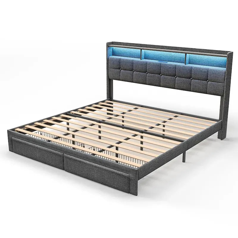 Lit plate-forme King Gris foncé / Gris clair avec tête de lit LED et chargement USB, pour 1