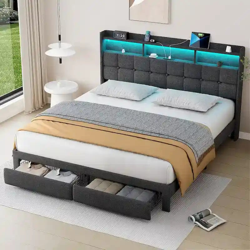 Lit plate-forme King Gris foncé / Gris clair avec tête de lit LED et chargement USB, pour 1