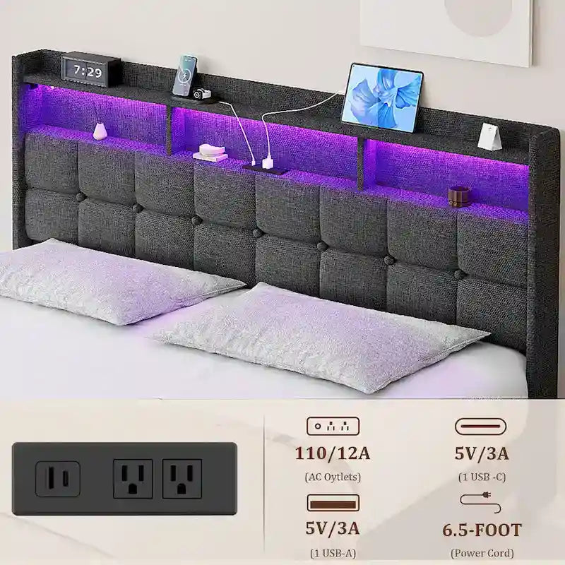 Lit plate-forme King Gris foncé / Gris clair avec tête de lit LED et chargement USB, pour 1