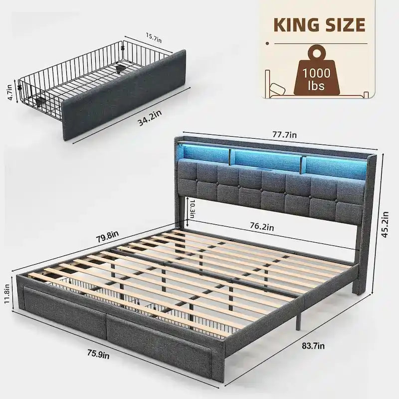 Lit plate-forme King Gris foncé / Gris clair avec tête de lit LED et chargement USB, pour 1