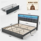 Lit plate-forme King Gris foncé / Gris clair avec tête de lit LED et chargement USB, pour 1