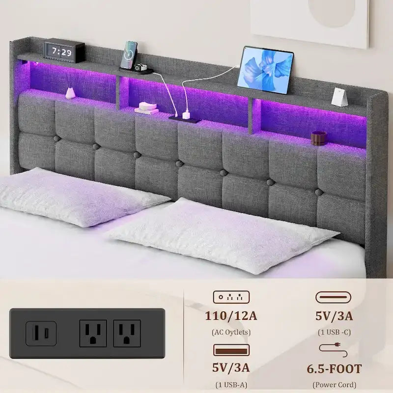 Lit plate-forme King Gris foncé / Gris clair avec tête de lit LED et chargement USB, pour 1
