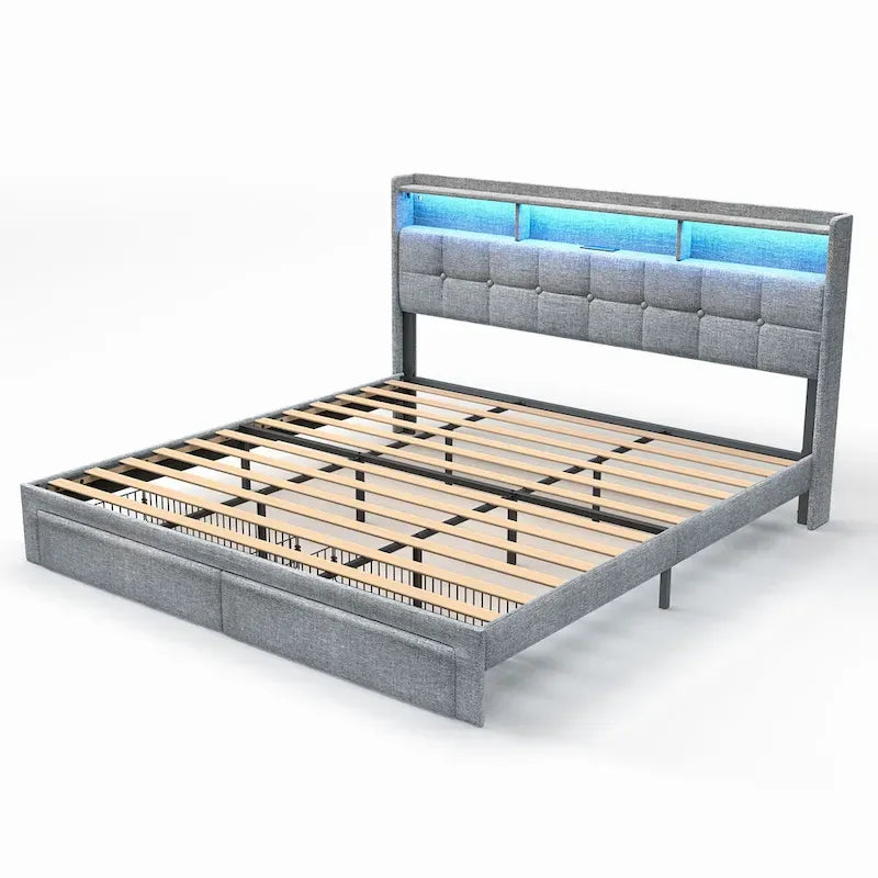Lit plate-forme King Gris foncé / Gris clair avec tête de lit LED et chargement USB, pour 1