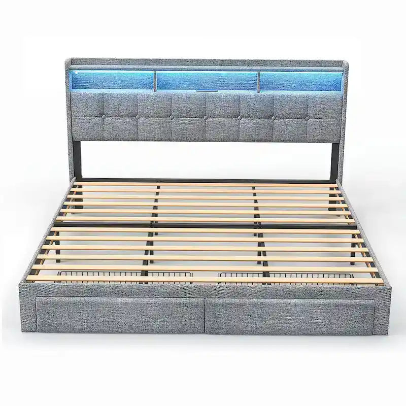 Lit plate-forme King Gris foncé / Gris clair avec tête de lit LED et chargement USB, pour 1