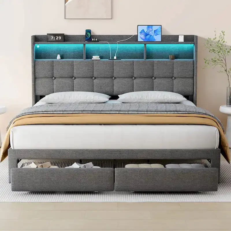 Lit plate-forme King Gris foncé / Gris clair avec tête de lit LED et chargement USB, pour 1
