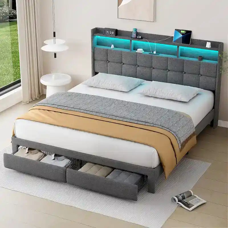 Lit plate-forme King Gris foncé / Gris clair avec tête de lit LED et chargement USB, pour 1