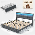 Lit plate-forme King Gris foncé / Gris clair avec tête de lit LED et chargement USB, pour 1