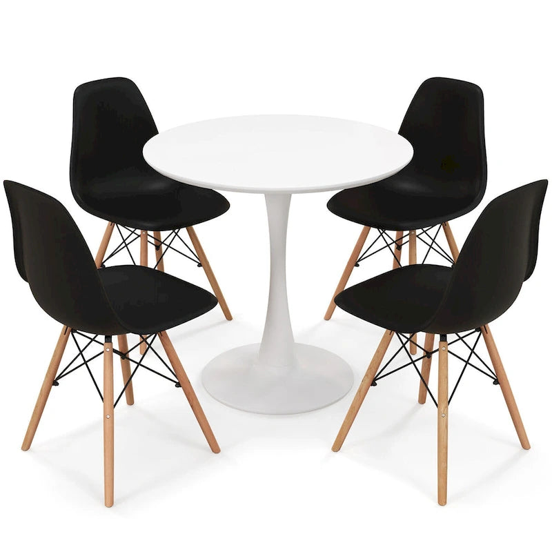 Ensemble de salle à manger rond 5 pièces avec 4 chaises, couleurs noir/blanc/naturel, 4 places