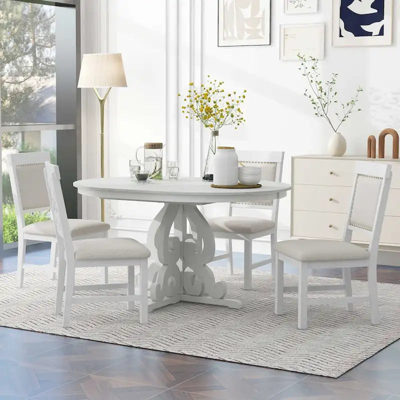 Ensemble table à manger extensible ronde style rétro 5 pièces, blanc antique/noyer, pour 4 à 6 personnes