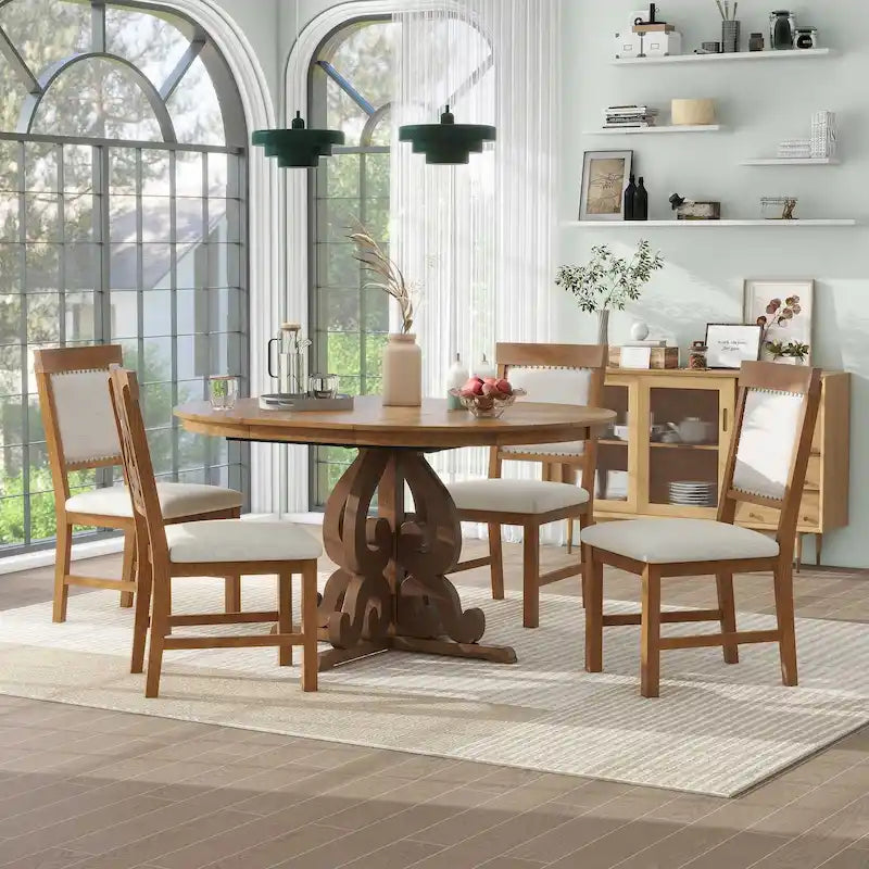 Ensemble table à manger extensible ronde style rétro 5 pièces, blanc antique/noyer, pour 4 à 6 personnes